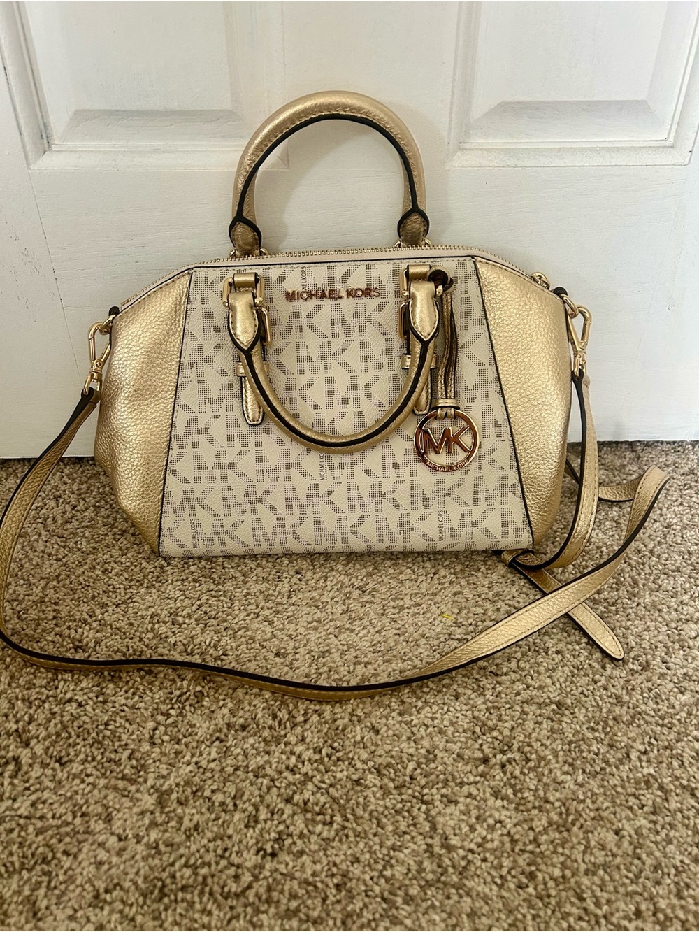Michael Kors Cream and Gold Logo Satchel with MK Charm